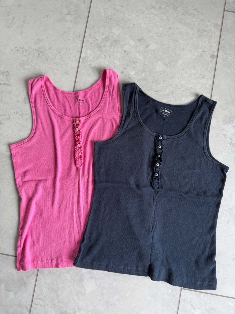 Set of two L.L. Bean Hot Pink & Navy Ribbed Henley Tank Tops women’s L